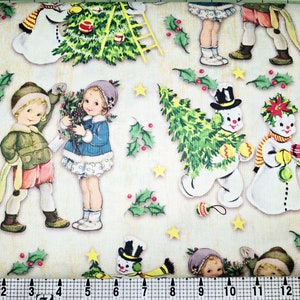 May include: A vintage Christmas wrapping paper design featuring children and snowmen. The paper is cream colored with green holly leaves, red berries, and yellow stars. The children are dressed in winter clothing and are holding Christmas trees and ornaments. The snowmen are wearing hats and scarves and are holding ornaments.