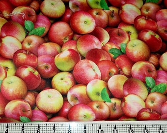 May include: A close-up image of a fabric with a repeating pattern of red and green apples. The fabric is perfect for crafting projects like quilts, pillows, and tote bags.