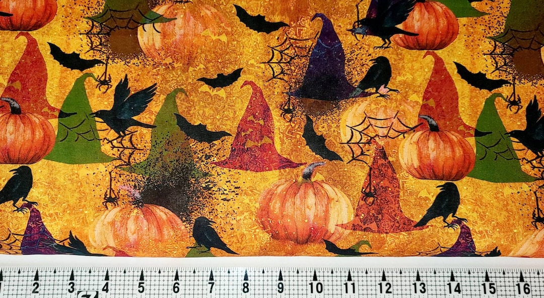 Halloween Witch Hats and Pumpkins Fabric by the Yard//piece - Etsy