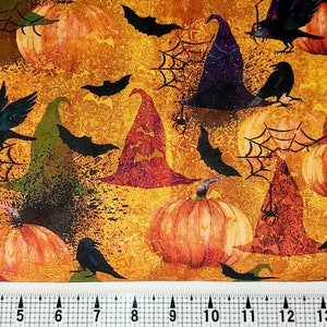 Halloween Witch Hats and Pumpkins Fabric by the Yard//Piece