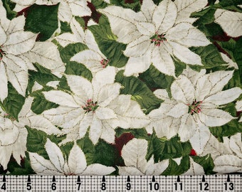 Fabric Traditions Christmas White Poinsettia w/Gold Fabric by the Yard/Piece