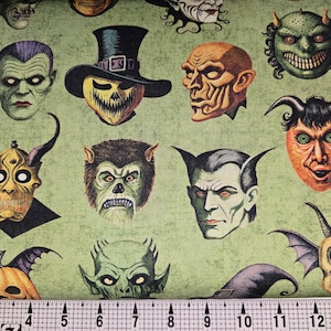 May include: Green fabric with a repeating pattern of various Halloween monster faces. The monsters include a pumpkin, a werewolf, a vampire, a devil, and a Frankenstein's monster.
