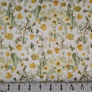 Puede incluir: Una tela verde con un patrón floral blanco y amarillo. La tela presenta un patrón repetitivo de narcisos blancos con centros amarillos.