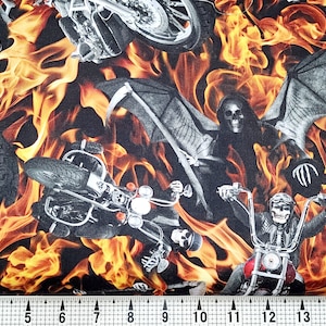 Timeless Treasures Flame Skeletons Grim Motorcycle CD2415 Fabric by the Yard/Piece