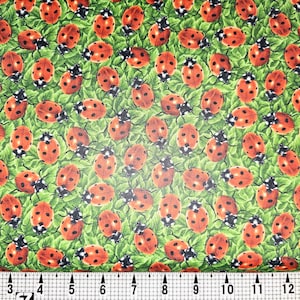 Pode incluir: Um tecido verde com um padrão repetido de joaninhas vermelhas. As joaninhas estão espalhadas aleatoriamente pelo tecido.