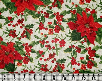 Fabric Traditions Christmas Poinsettias and Holly with Glitter Fabric by the Yard/Piece