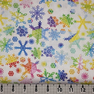 Christmas Rainbow Snowflakes on White Fabric by the Yard//Piece