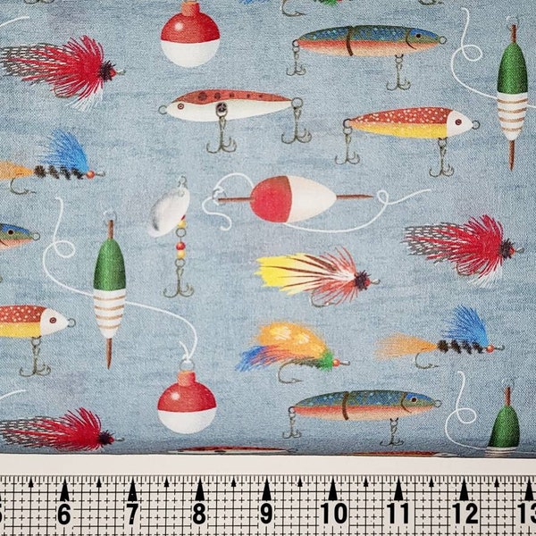 Fishing Lures, Hooks and Bobbers Fabric by the Yard/Piece