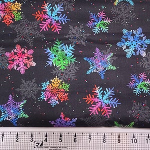 Christmas Bright Multi Snowflakes on Black Fabric by the Yard//Piece