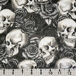 Halloween Skulls and Roses Fabric by the Yard//Piece