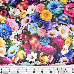 May include: A colorful floral print fabric featuring a variety of flowers in shades of pink, red, yellow, blue, and white. The fabric is perfect for crafting projects, quilting, and home decor.