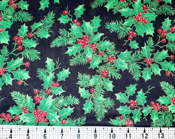 VIP Fabrics Christmas Holly on Black Fabric by the Yard//Piece