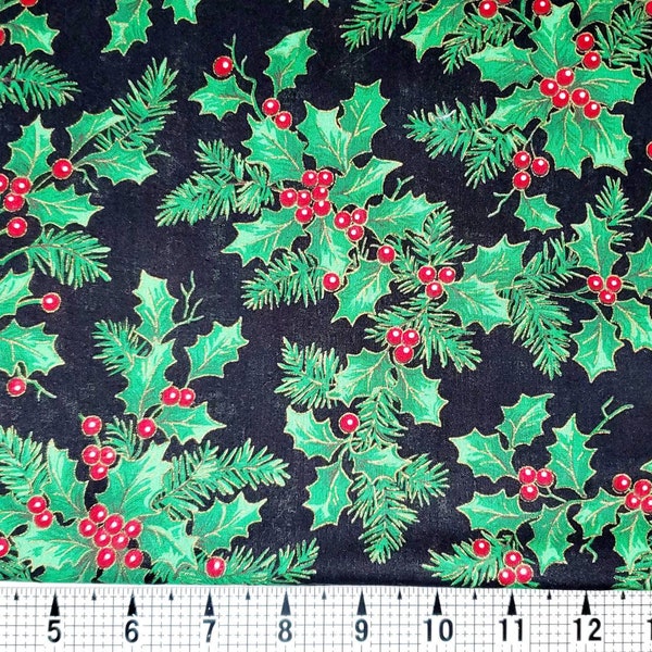 VIP Fabrics Christmas Holly on Black Fabric by the Yard/Piece