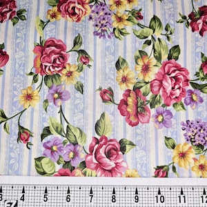 Floral with Blue Stripe on Cream Fabric by the Yard///Piece