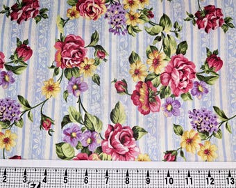 Floral with Blue Stripe on Cream Fabric by the Yard///Piece