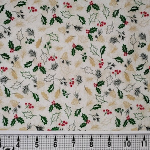 Christmas Holly and Pine on Cream Fabric by the Yard//Piece