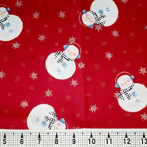 Bonhommes de neige de Noël sur tissu rouge par mètre//pièce