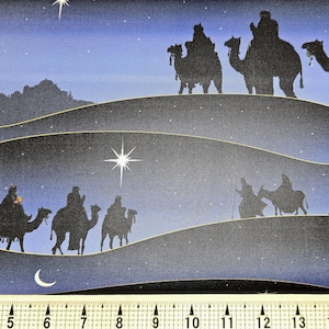 May include: Silhouette of three wise men riding camels on a blue background with a star and a crescent moon. The background is a dark blue with a starry sky.