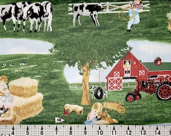 May include: A green and red fabric with a farm theme. The fabric features a red barn, a red tractor, cows, hay bales, and children playing. The fabric is perfect for quilting, crafts, and home decor.