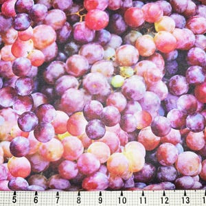 Puede incluir: Una impresión textil con un primer plano de un racimo de uvas. Las uvas son una mezcla de tonos rojos, morados y verdes, con diferentes tonos y tamaños. La imagen es un patrón denso, con una regla en la parte inferior.