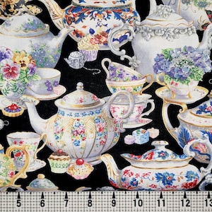 Elizabeth Studios Fancy Tea on Black 34000 Stoff Meterware // Stück