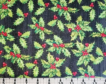 May include: A black fabric with a repeating pattern of green holly leaves and red berries. The fabric has a subtle sparkle.