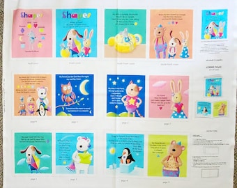 Peut inclure: Un panneau de tissu avec des illustrations d'animaux et de formes. Le panneau est divisé en 10 carrés, chacun avec une illustration et un texte différents. Le texte comprend les mots "Shapes", "My friend Zoe the Owl", "My best friend from the Cat", "My friend Tilly the Dog", "Whiney the Bear", "Pengu is a Penguin", "My friend Bruce the Bear", "Instructions", "Back Cover", "Front Cover".