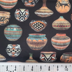 May include: A black background with a repeating pattern of colorful Native American pottery. The pottery is decorated with geometric designs and patterns in shades of brown, orange, blue, green, and white.