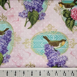 Bird and Flower Cameos Fabric by the Yard//Piece