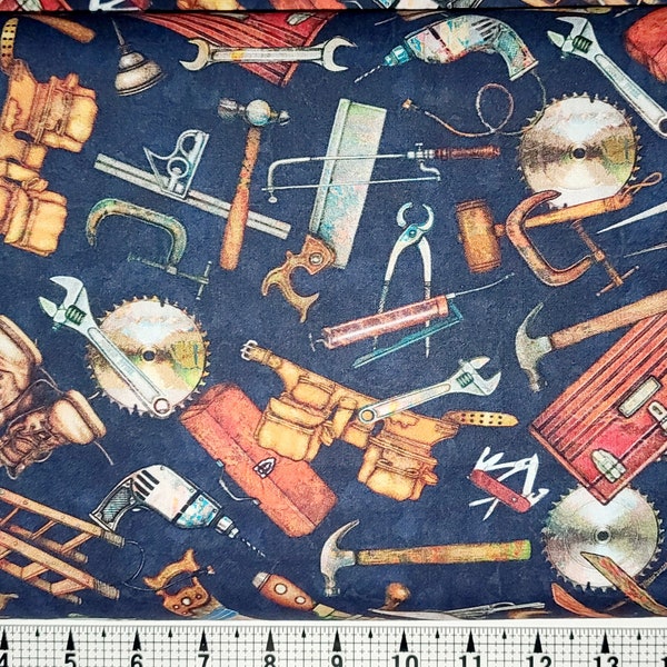 Quilting Treasures Tossed Tools on Navy 1649-29552-N Fabric by the Yard/Piece