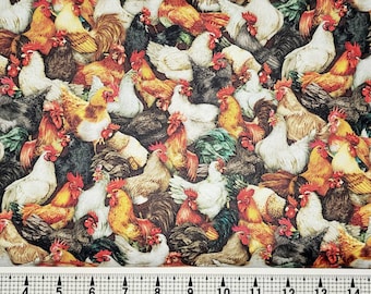 May include: A colorful fabric featuring a repeating pattern of roosters and hens. The fabric is a mix of brown, white, red, yellow, and black.