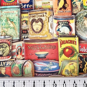 May include: A fabric print featuring a collage of vintage tin cans and containers. The cans display various labels with text and illustrations, including "GUSKED ROSES", "MONARCH BRAND", and "BABIE BONS". The color palette includes reds, yellows, and blues.
