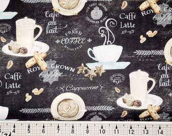 May include: A black and white fabric with a chalkboard pattern featuring coffee cups, coffee beans, and text that says "Caffe Latte", "Cafe au lait", "Fresh Coffee Roasted", and "Cappuccino".
