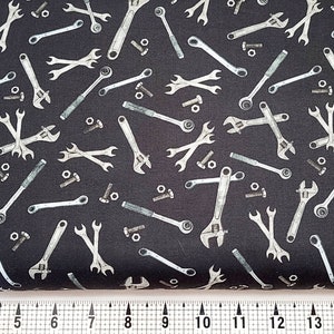 Quilting Treasures Streets of Fire Mechanics Wrenches on Black 1649-28988-J Fabric by the Yard/Piece