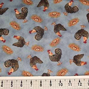 Chickens on Blue Fabric by the Yard//Piece