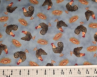 Chickens on Blue Fabric by the Yard//Piece