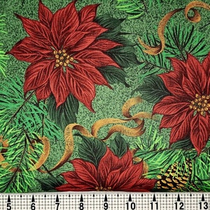 Makers Christmas Poinsettia and Pine Cones on Green Fabric by the Yard//Piece