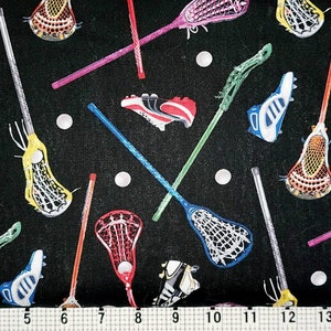 Sports Colorful Lacrosse Sticks Shoes Balls Fabric by Elizabeth's Studio -  modeS4u