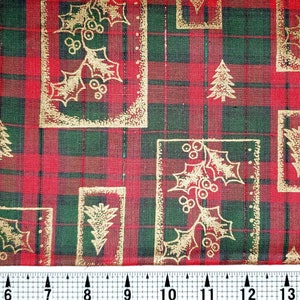 Christmas Red and Green Plaid with Gold Fabric by the Yard//Piece