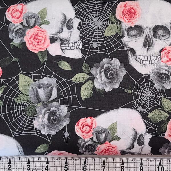 Fabric Traditions Skulls and Pink Roses Fabric by the Yard/Piece