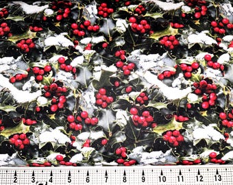 May include: A festive fabric featuring a Christmas holly design. The pattern shows red berries, green leaves, and white snow accents. Suitable for holiday crafts and decorations.