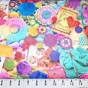 May include: A colorful fabric with a variety of yarn balls, knitting needles, and crocheted items. The fabric features a vintage pattern with images of people knitting and crocheting. The text "Knitting and Crocheting" is visible on a book in the center of the image.