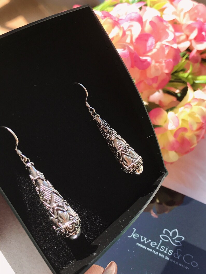 Silver Bohemian Earrings Hooks Detailed Handcrafted Jewelry Bali Jewelry Gift for mom Balinese Silver Earrings For Women Wish Box