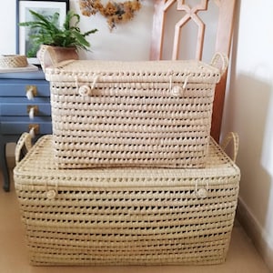 Woven Palm Leaf Storage Chests (Set of 2) – Moroccan Toy Box - XL trunk - wicker toy box - lidded - kids bedroom furniture