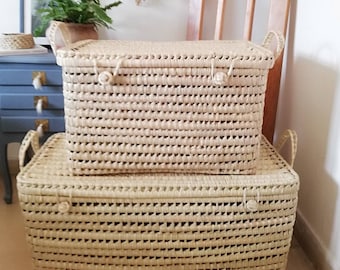 2 pieces storage chests - XL woven storage trunk - wicker toy box - lidded storage chest - kids bedroom furniture