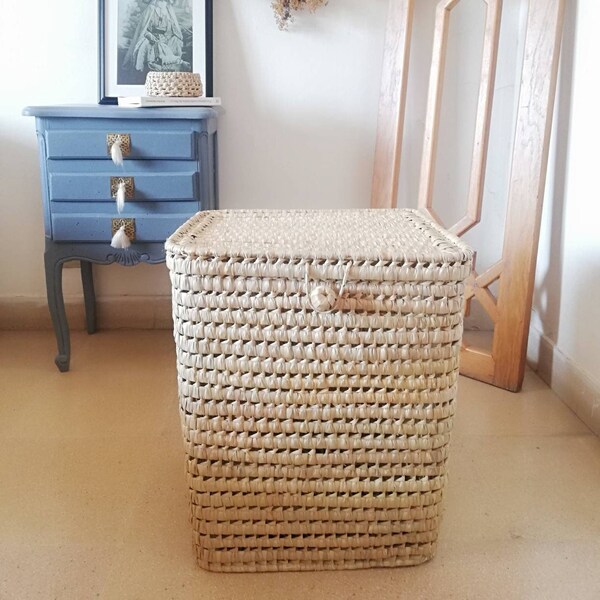 Panier à linge avec couvercle en feuilles de palmier et roseau tressées - Coffre à jouets en osier - Panier de rangement