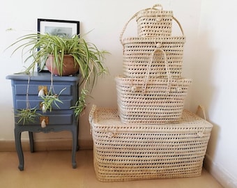 Storage chests x 4 made of palm leaf and reed // toy box - lidded storage basket - Storage trunk