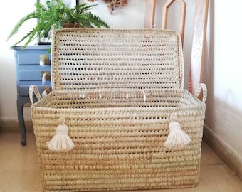 Malle de rangement 80 cm avec pompons en laine écru en feuilles de palmier et roseau - Coffre à jouets en osier Panier de rangement