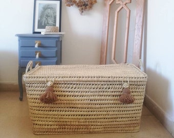 Wicker storage chest 31 inches with camel wool pompoms - palm leaf storage trunk Lidded toy box