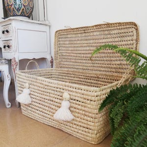 Toy storage chest with off-white pom poms | Natural woven basket organizer | Playroom nursery decor | large wicker boho toy box